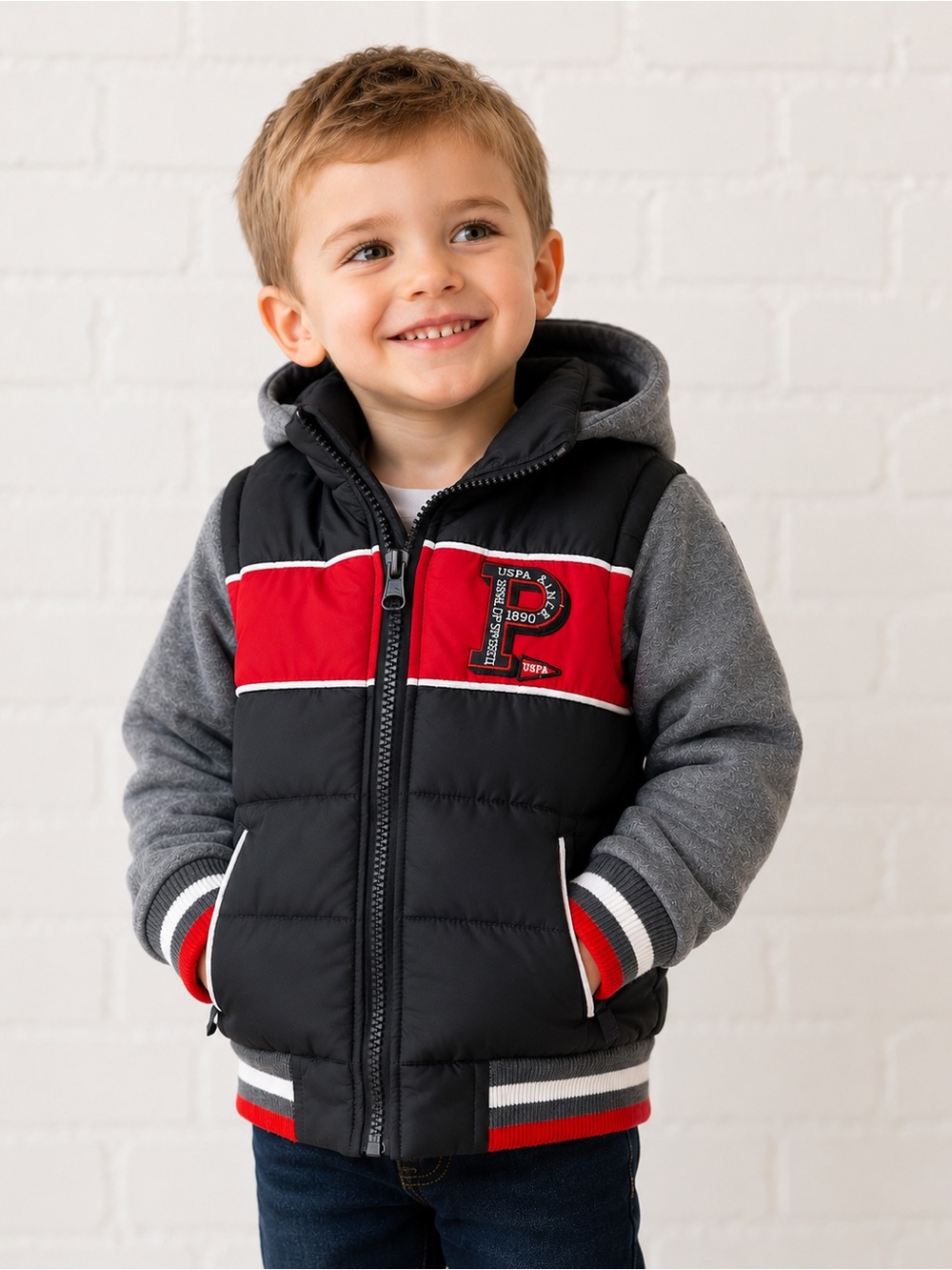 U.S. Polo Assn. Red & Gray Puffer Jacket with Hood